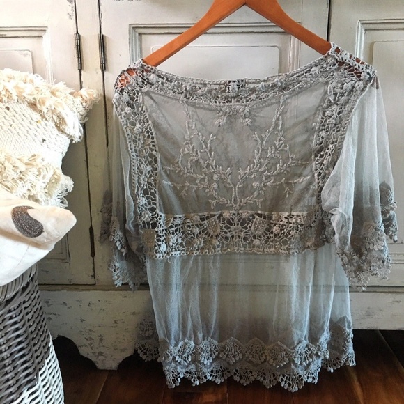 Last One! Lace Crochet Sage Festival Boho Blouse - Picture 4 of 4